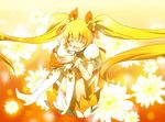 blonde_hair boots bow cure_sunshine daisy flower heartcatch_precure! long_hair magical_girl myoudouin_itsuki orange_(color) orange_background orange_bow orange_skirt potpourri_(heartcatch_precure!) precure satsu sitting skirt twintails very_long_hair 