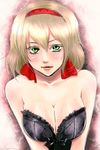  axis_powers_hetalia bad_id bad_pixiv_id belgium_(hetalia) blonde_hair bra breast_squeeze breasts cleavage green_eyes hair_ribbon hairband highres large_breasts lingerie oikawa ribbon solo underwear 