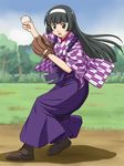  baseball baseball_mitt black_eyes black_hair boots hairband hakama japanese_clothes lielos long_hair meiji_schoolgirl_uniform purple_hakama solo souya_yuki taishou_era taishou_yakyuu_musume yagasuri 