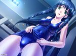  aqua_eyes blue_hair braid dutch_angle game_cg hiiro_yuki indoors long_hair one-piece_swimsuit school_swimsuit school_swimsuit_flap skin_tight solo swimsuit takaya_minami twin_braids wet yuuguu_settai 