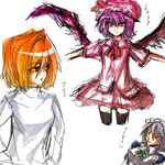  =_= arcueid_brunestud bad_id bad_pixiv_id blonde_hair blood crossover hat hijiri-taro izayoi_sakuya looking_back multiple_girls nosebleed purple_hair red_eyes remilia_scarlet smile thighhighs touhou tsukihime wings 