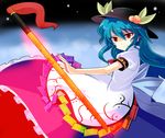  alphes_(style) bad_id bad_pixiv_id blue_hair dress food fruit hat hinanawi_tenshi long_hair parody peach red_eyes sadomochi solo style_parody sword sword_of_hisou touhou weapon 