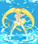  bad_id bad_pixiv_id blonde_hair blue_background boots bow chitose_kiiro choker cure_sunshine hands heartcatch_precure! knee_boots long_hair magical_girl myoudouin_itsuki orange_choker precure skirt sky solo twintails very_long_hair yellow_bow yellow_eyes yellow_skirt 