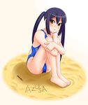  barefoot black_hair brown_eyes competition_swimsuit feet k-on! leg_hug long_hair nakano_azusa one-piece_swimsuit sand solo swimsuit tk4 twintails 