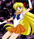  aino_minako back_bow bishoujo_senshi_sailor_moon blonde_hair blue_eyes bow choker elbow_gloves gloves hair_bow half_updo hamutarou long_hair magical_girl orange_choker orange_sailor_collar orange_skirt red_bow sailor_collar sailor_senshi_uniform sailor_venus skirt solo white_gloves 