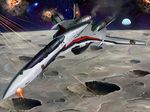  battle crater damaged earth explosion fire henry_gilliam macross macross_frontier mala_(artist) mecha moon no_humans planet realistic s.m.s. saotome_alto space star variable_fighter vf-25 