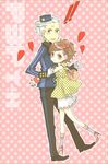  1boy 1girl bad_id bad_pixiv_id bow brown_hair couple female_protagonist_(persona_3) garrison_cap hat heart hetero hug persona persona_3 persona_3_portable polka_dot polka_dot_background short_hair sou_(boxxx82) sweatdrop teodor white_hair 