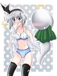  1girl black_hairband blue_eyes blush bra ghost hairband konpaku_youmu konpaku_youmu_(ghost) lingerie panties short_hair silver_hair solo striped striped_panties thighhighs touhou train_90 underwear 