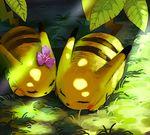  bad_pixiv_id chuchu_(pokemon) couple eyelashes gen_1_pokemon hair_ornament highres nature no_humans on_grass on_ground peaceful pika_(pokemon) pikachu pokemon pokemon_(creature) pokemon_special quro_(danchou) sleeping sunlight 