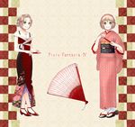  beads blonde_hair dress dual_persona fan flower forehead green_eyes hair_flower hair_ornament hairband high_heels japanese_clothes kimono moka_(choco_liliy) pixiv_fantasia pixiv_fantasia_4 plaid sandals shoes short_hair smile socks standing tabi 