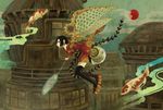  bad_id bad_pixiv_id black_hair black_legwear fish flying geta japanese_clothes kimono original sandals short_hair short_kimono solo sun surreal thighhighs tobi_(kotetsu) wings 