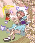  bow brown_hair bug butterfly cherry_blossoms clog_sandals detached_sleeves hair_bow hakurei_reimu hat highres insect mor11 multiple_girls pink_eyes pink_hair saigyouji_yuyuko short_hair touhou 
