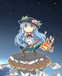  blue_hair chibi food fruit hat hinanawi_tenshi keystone long_hair mochinabe peach red_eyes rope shide shimenawa smile solo space sword sword_of_hisou touhou weapon 