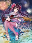  aerial_fireworks daffodil feet fireworks flower guitar hair_flower hair_ornament instrument japanese_clothes k-on! kimono lily_(flower) maruyama nakano_azusa pink_legwear sandals slippers solo thighhighs toeless_legwear twintails 