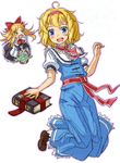  :d alice_margatroid basket blonde_hair blue_eyes book hairband kingin messy_hair open_mouth shanghai_doll short_hair smile solo touhou 