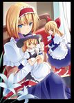  alice_margatroid apron blonde_hair blue_eyes capelet character_doll doll flower hairband hand_on_headwear hat kirisame_marisa lily_(flower) mikan_(bananoha) minigirl no_nose sad shanghai_doll short_hair sitting solo touhou white_capelet witch_hat 