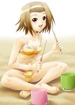  ayato bad_id bad_pixiv_id barefoot bikini breasts brown_eyes brown_hair bucket cameltoe covered_nipples drumsticks feet hairband highres indian_style k-on! sand short_hair sitting small_breasts solo swimsuit tainaka_ritsu 