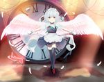  angel_wings bad_id bad_pixiv_id bad_proportions braid chirosuke clock feathers highres izayoi_sakuya knife maid maid_headdress red_eyes short_hair silver_hair solo thighhighs touhou twin_braids wings 