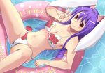  animal_ears bad_id bad_pixiv_id bikini blush breasts bunny_ears cleavage face flower innertube large_breasts long_hair miu_(angelo_whitechoc) navel purple_hair red_eyes reisen_udongein_inaba smile solo spread_legs swimsuit touhou v water 