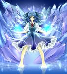  barefoot blue_eyes blue_hair bow cirno dress glowing hair_bow ice rikkunia solo touhou wings 