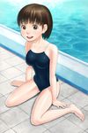  anegasaki_nene bad_id bad_pixiv_id barefoot breasts brown_eyes brown_hair cleavage competition_school_swimsuit feet gahon love_plus medium_breasts mole mole_under_eye one-piece_swimsuit pool short_hair sitting smile swimsuit wariza 