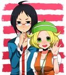  1girl ahoge bad_id bad_pixiv_id bel_(pokemon) black_hair blonde_hair blue_eyes cheren_(pokemon) glasses green_eyes ogino_(pnbt5) pokemon pokemon_(game) pokemon_bw short_hair smile waving 