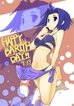  ahoge barefoot bikini blue_bikini blue_eyes blue_hair blue_sarong engrish finger_to_mouth happy_birthday idolmaster idolmaster_(classic) idolmaster_2 miura_azusa moketa navel ranguage sarong short_hair skindentation solo swimsuit zoom_layer 