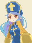  :&lt; blue_hair bodysuit dragon_quest dragon_quest_iii hat long_hair mitre mota orange_bodysuit priest_(dq3) red_eyes sketch solo 