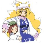  :3 animal_ears bad_id bad_pixiv_id cat_ears chen closed_eyes fox_tail hat hug multiple_girls multiple_tails short_hair tail tonbi touhou yakumo_ran yellow_eyes 