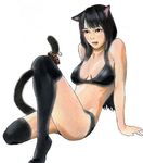  animal_ears bad_id bad_pixiv_id bikini black_hair black_legwear cat_ears cat_tail collar long_hair original sandal_master simple_background sitting solo swimsuit tail thighhighs thighs 