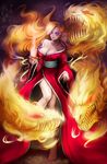  barefoot blonde_hair breasts byunei cleavage glowing glowing_eyes highres japanese_clothes kimono large_breasts legs long_hair long_legs monster moreshan pointy_ears purple_eyes red_eyes romancing_saga_3 saga solo thighs 