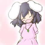  animal_ears black_hair blush bunny_ears closed_eyes clover dress four-leaf_clover fuugetsu_oreha_ikiru inaba_tewi short_hair smile solo touhou 