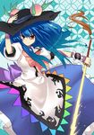  &gt;:) apron bad_id bad_pixiv_id blue_hair bow dress food fruit garigarigari hand_on_headwear hat hinanawi_tenshi long_hair peach red_eyes smile solo sword sword_of_hisou touhou v-shaped_eyebrows weapon 