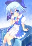  amanagi_seiji bad_id bad_pixiv_id blue_eyes blue_hair bow cirno food hair_bow highres popsicle short_hair sitting soaking_feet solo touhou water 