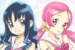  bangs blue_background blue_eyes blue_hair blush bow close-up closed_mouth eyelashes face hair_ornament hanasaki_tsubomi heartcatch_precure! kurumi_erika light_particles long_hair looking_at_viewer multiple_girls myoudou_gakuen_middle_school_uniform nishieda parted_bangs pink_background pink_bow pink_eyes pink_hair precure school_uniform serafuku sidelocks smile twintails wavy_hair 