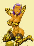  animal_print boots bra breasts covered_nipples dark_skin elbow_gloves garter_belt gloves highres horns huge_breasts lingerie lips lipstick makeup ml panties pantyshot pointy_ears purple_hair red_eyes solo thighhighs tiger_print underwear 