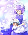  ^_^ blue_hair cirno closed_eyes glomp hand_on_another's_head happy hiro_(pqtks113) hug letty_whiterock multiple_girls petting purple_hair smile snowflakes touhou 
