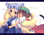  :o alternate_color animal_ears bad_id bad_pixiv_id blonde_hair brown_eyes brown_hair cat_ears cat_tail chen closed_eyes earrings fang fox_tail goose_h hat hug hug_from_behind jewelry letterboxed multiple_girls multiple_tails open_mouth short_hair tail tail_hug touhou yakumo_ran 