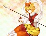  animal_print bad_id bad_pixiv_id bishamonten's_pagoda bishamonten's_spear blonde_hair hair_ornament highres polearm shawl short_hair solo spear surumeri_(baneiro) tiger_print toramaru_shou touhou weapon yellow_eyes 