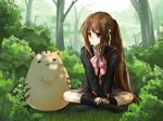  bow brown_hair cat doruji forest indian_style little_busters! long_hair natsume_rin nature pink_bow plaid plaid_skirt ponytail red_eyes school_uniform seleca sitting skirt solo 