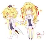  1girl ada_vessalius blonde_hair blush brother_and_sister cat chibi formal green_eyes hair_ribbon long_hair oz_vessalius pandora_hearts ribbon school_uniform short_hair siblings skirt smile tuxedo 