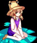  alphes_(style) blonde_hair colorized dew_drop green_eyes hair_ornament hair_ribbon hair_tubes hat hijiri-taro lily_pad moriya_suwako parody ribbon sitting solo style_parody thighhighs touhou wariza water_drop yellow_eyes 