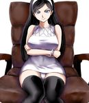  bad_id bad_pixiv_id bare_shoulders black_hair black_legwear blue_eyes bracelet breast_lift breasts chair crossed_arms dress enu_(n_storage) hairband jewelry kumashiro_maya large_breasts long_hair panties pantyshot seikimatsu_occult_gakuin solo thighhighs underwear 