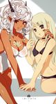  :o arm_around_neck bad_id bad_pixiv_id banned_artist bikini blonde_hair breasts choker cleavage dark_skin earrings flat_chest grey_eyes hair_ornament holding_hands horns interracial jewelry large_breasts long_hair multiple_girls navel o-ring o-ring_top one-piece_swimsuit original pointy_ears red_eyes sitting swimsuit viola_(seed) white_hair 