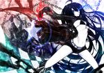  arm_cannon bikini_top black_hair black_rock_shooter black_rock_shooter_(character) blue_eyes boots breasts burning_eye chain gingami_(giluziru) gloves highres long_hair medium_breasts midriff navel pale_skin scar shorts solo star twintails underboob very_long_hair weapon 