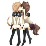  adjusting_hair animal_ears arm_support between_thighs blush brown_hair cat_ears cat_tail closed_eyes couple fox_ears fox_tail hair_tucking kiss kneehighs light_brown_hair multiple_girls nekoya_saki no_shoes original plaid plaid_skirt pleated_skirt profile ribbon school_uniform short_hair simple_background sitting skirt socks sweater_vest tail v_arms yuri 