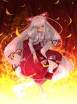  absurdly_long_hair barefoot bow fire fujiwara_no_mokou full_body hair_bow hair_ribbon long_hair pants red_eyes ribbon silver_hair smile solo suspenders touhou very_long_hair yuuji_(yukimimi) 