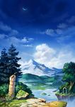  column crescent_moon day highres kamoi_kouji landscape moon mountain nature no_humans original pillar ruins scenery sky tree 