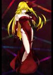  404_(artist) bare_shoulders blonde_hair bracelet breasts cleavage dress elbow_gloves flandre_scarlet gloves jewelry legs long_hair medium_breasts no_wings older red_dress red_eyes solo tongue torn_clothes touhou 