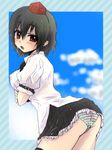  bad_id bad_pixiv_id black_hair blush breast_hold breasts covered_nipples hat highres ichiseal large_breasts looking_at_viewer open_mouth panties pantyshot red_eyes shameimaru_aya short_hair skirt solo striped striped_panties thighhighs tokin_hat touhou underwear upskirt wet wet_clothes wet_panties 